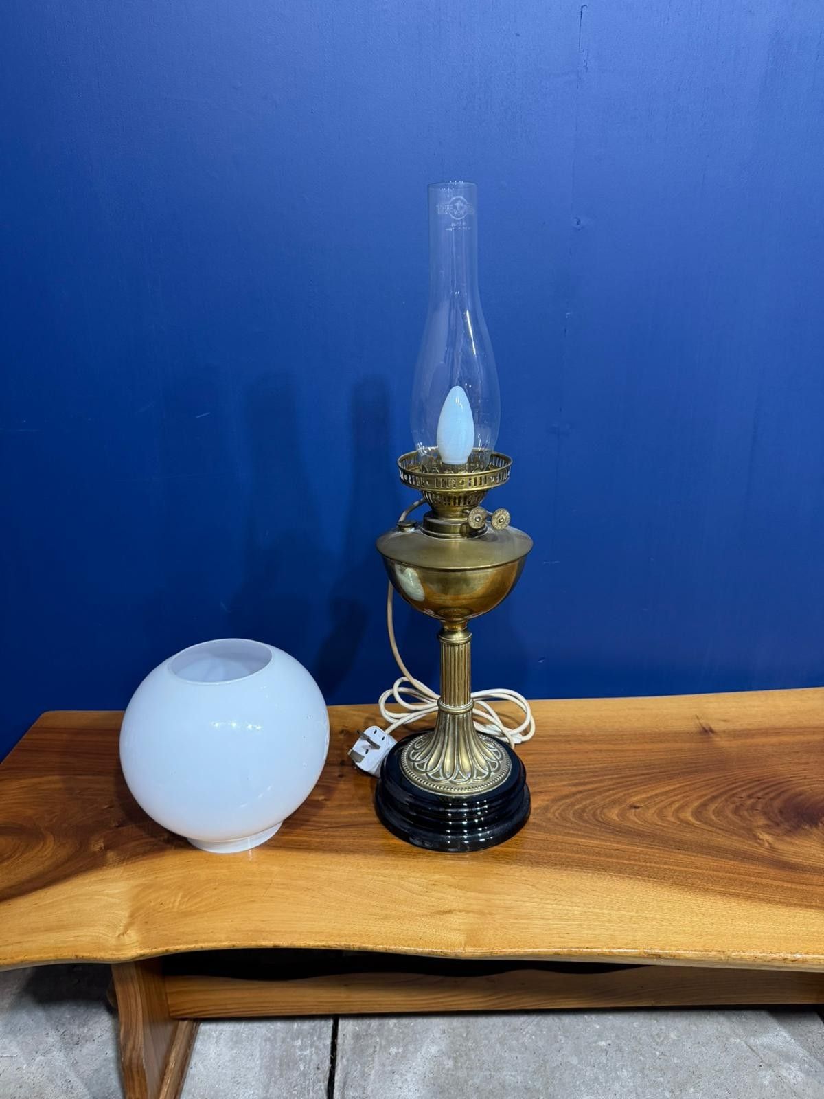 Victorian Brass Oil Lamp Light Antique Glass Shade Electric Round White photo for sale