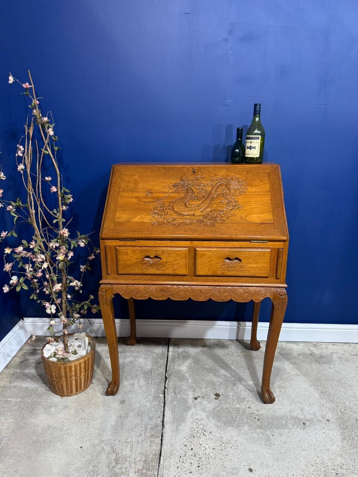 Vintage Chinese Carved Bureau Desk Sideboard Dragon Oriental Cabriolet Legs Claw