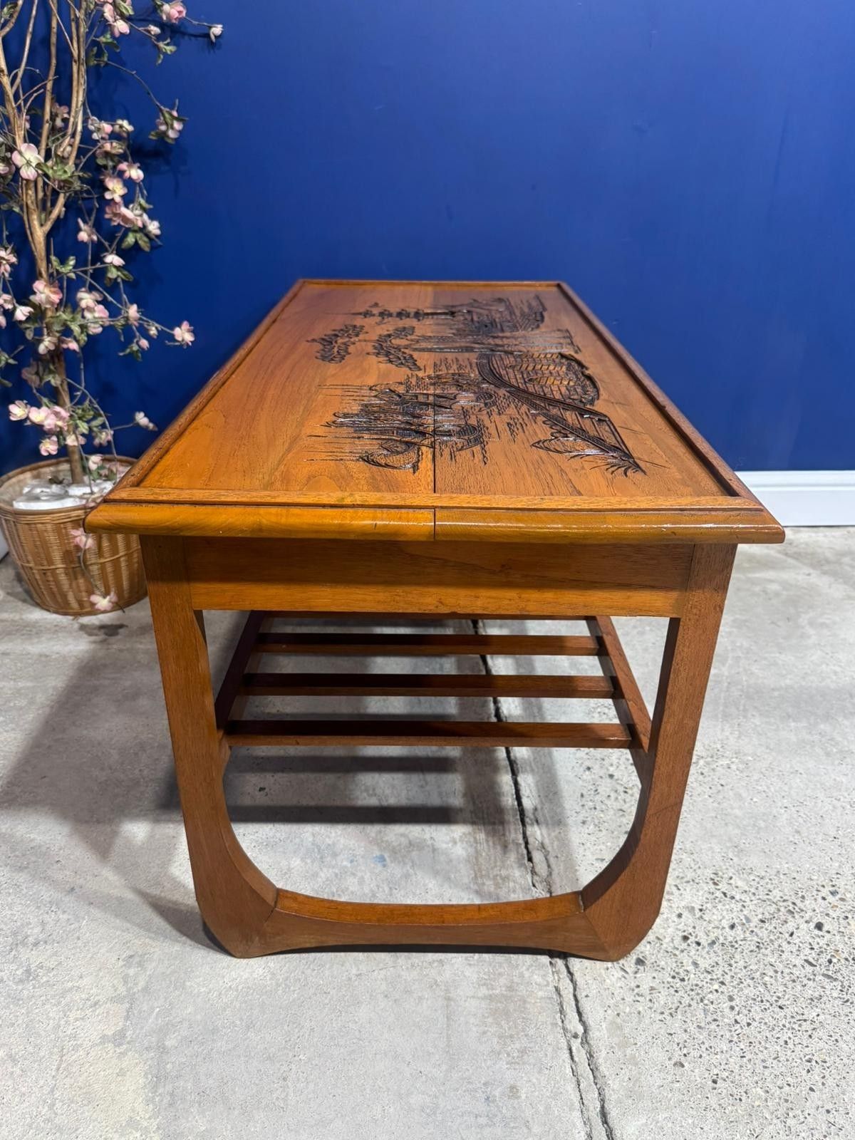 photo for sale Vintage Japanese Wood Coffee Table – Oriental Design Mid Century Asian Carved