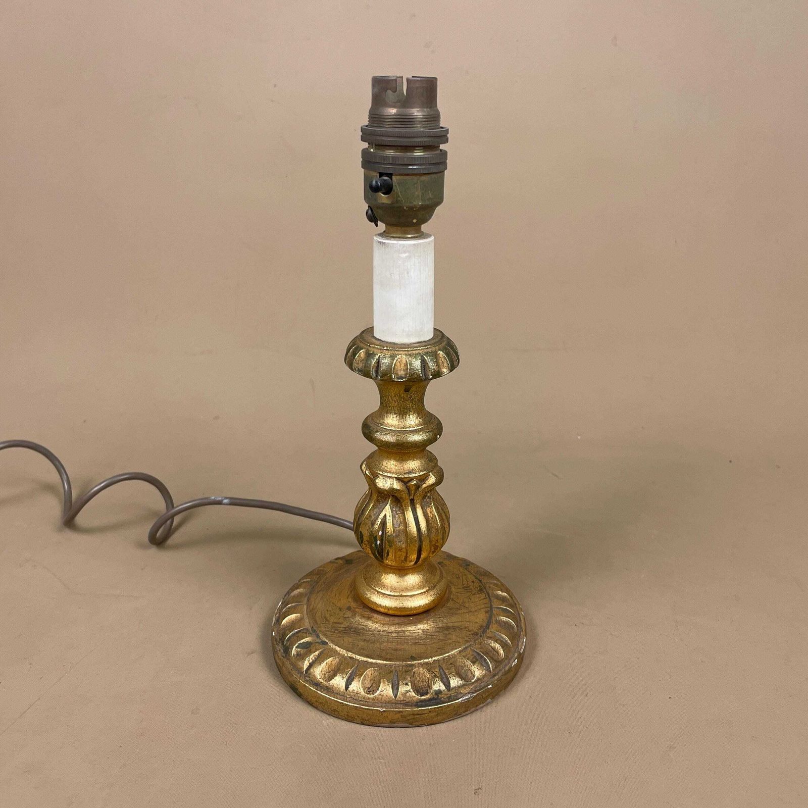 Hand Carved Wood Gold Painted Lamp Wooden Light Bedside Table Antique Edwardian Farmhouse Cottage Country Candlestick Top photo furniture