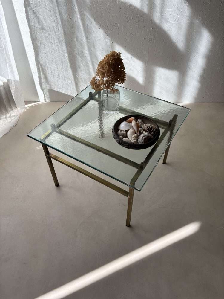 photo furniture Swedish Brass Coffee Table With Marbled Glass Top, 1960s