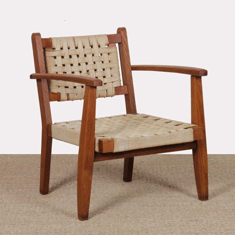 Armchair In Solid Oak And Rope, 20th Century Piece
