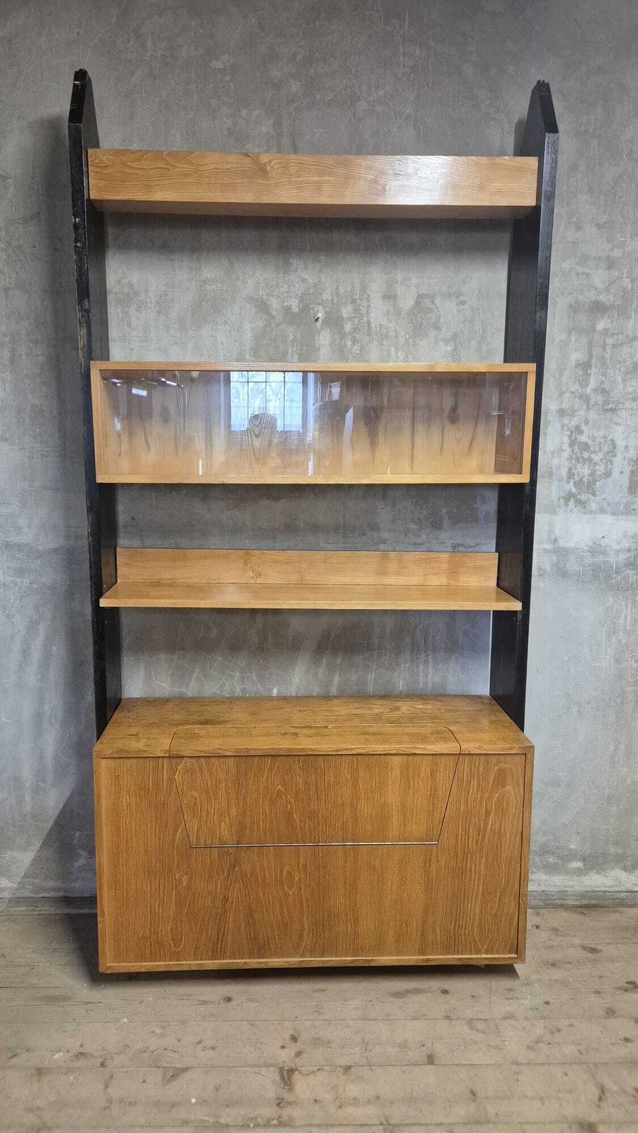 Vintage Czechoslovak Modular Wall Unit With Veneer Cabinets And Black Wooden Supports, 1960s–1970s photo furniture