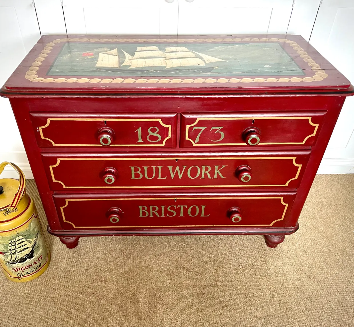 Antique Pine Nautical Folk Art Painted Chest Of Drawers