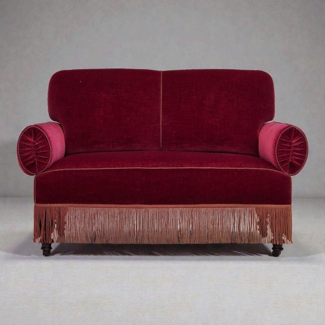 Ca. Jaren 1950, Deense 2 Zits Sofa Met Neerklapbare Armleuningen/Rugleuning, Kersrood Meubelvelours.