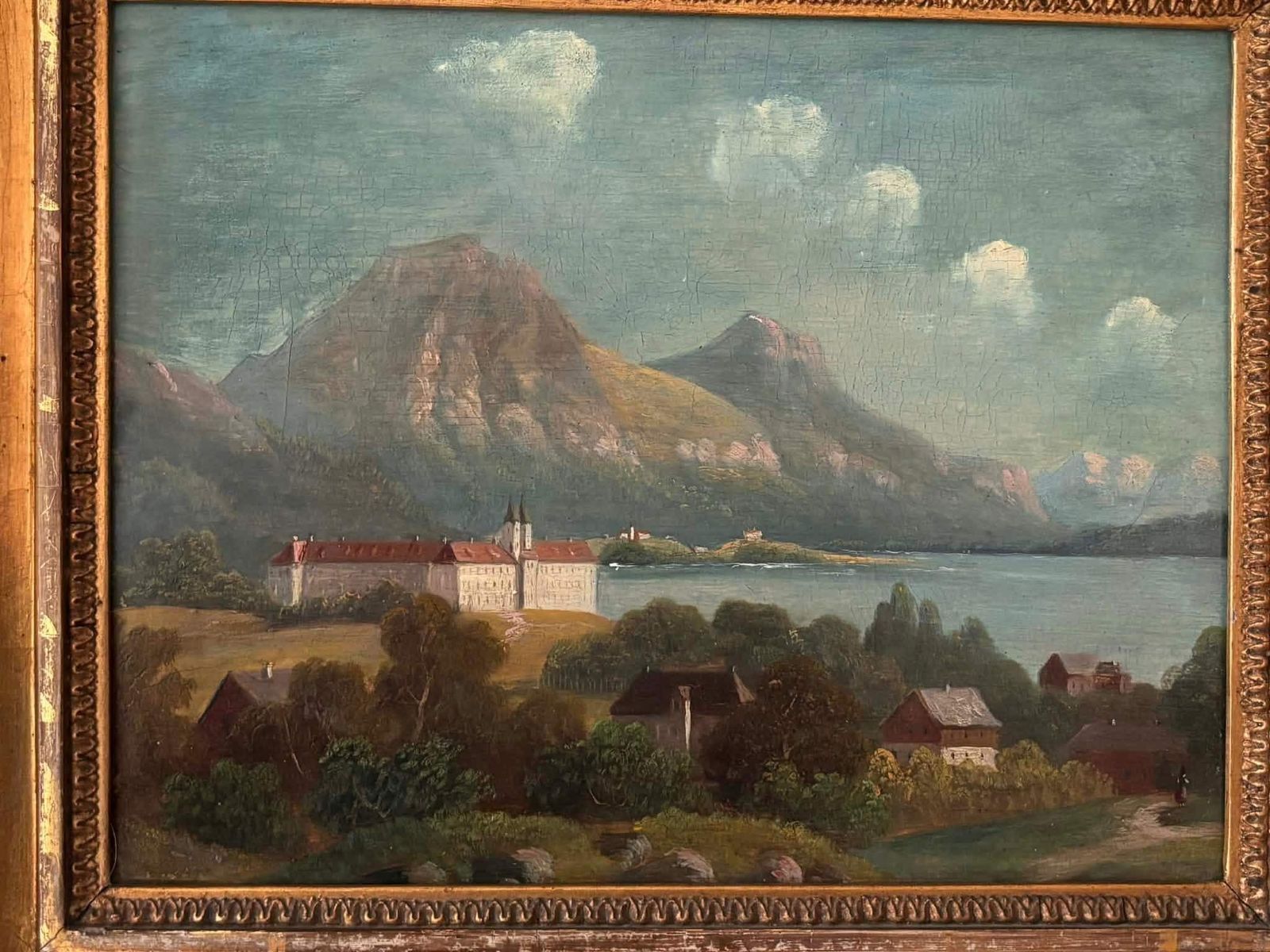 Antique Landscape Painting In Ornate Gold Frame, Mountain Lake And Castle Village Scene, Cottage Decor photo for sale