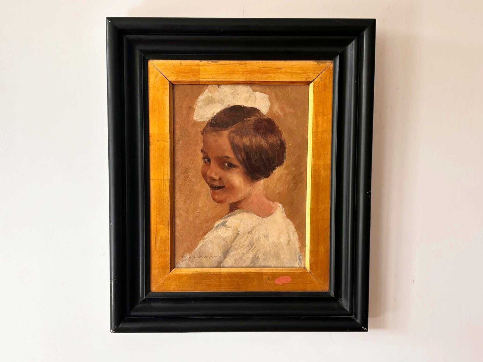 French Signed Lahaye Oil Painting, Portrait Of Young Girl, Antique French Art, Original Framed Oil On Board