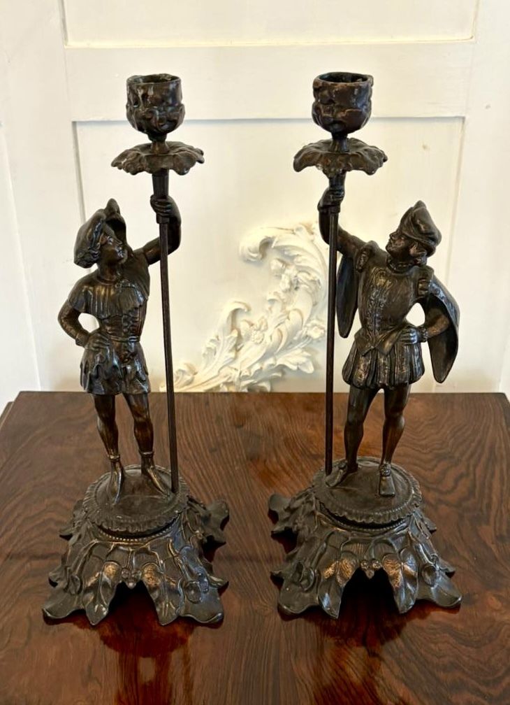 Antique Pair 19th Century French Figural Spelter Candlesticks Renaissance Soldier Sculptural Mantel Pieces
