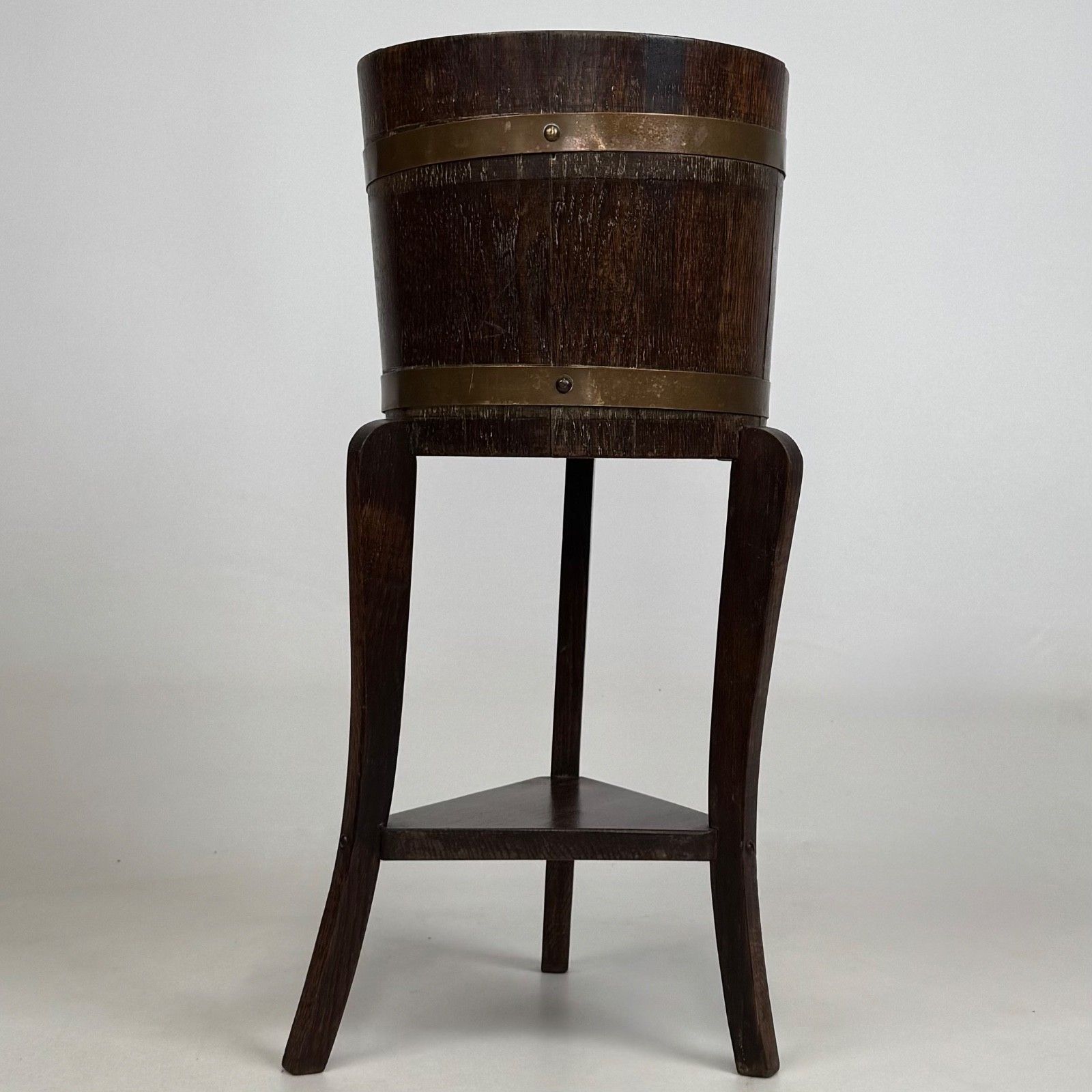 Antique 20th Century Small Barrel Plant Stand In Oak ( Af 5644 )