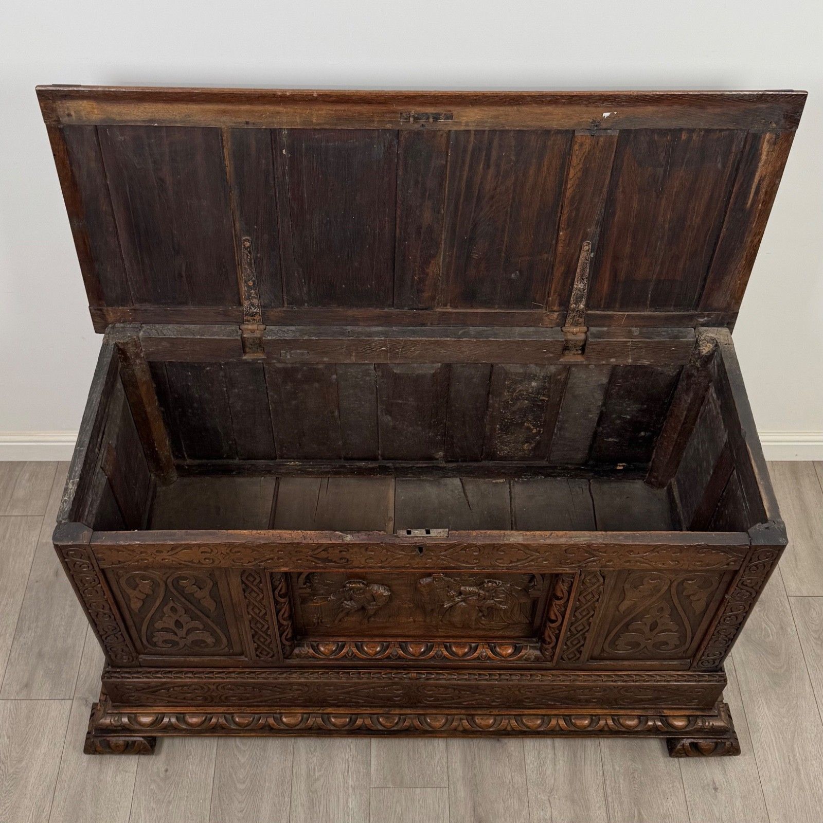 photo for sale Antique 18th Century Heavily Carved Oak Georgian Coffer ( Af 5613 )