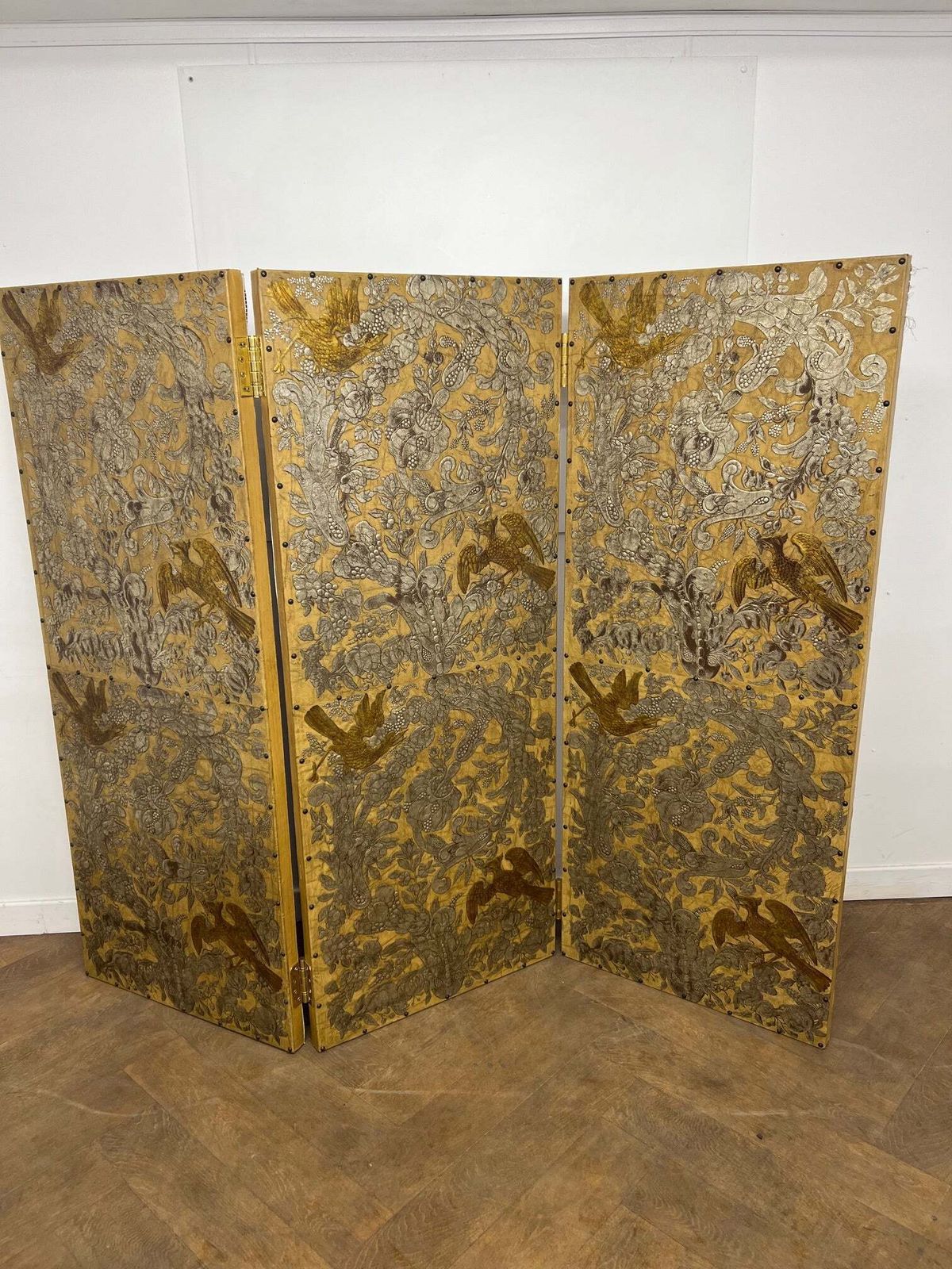 Set Of 3 Antique Panel Folding Screen/Room Divider With Intricate Gold & Silver Embossed Design In A Japanese Style