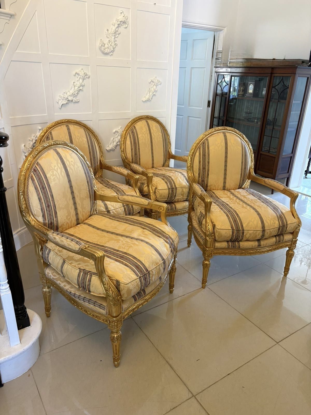 Antique French Giltwood Bergère Armchairs Set Of 4 Louis XVI Style Salon Chairs photo for sale