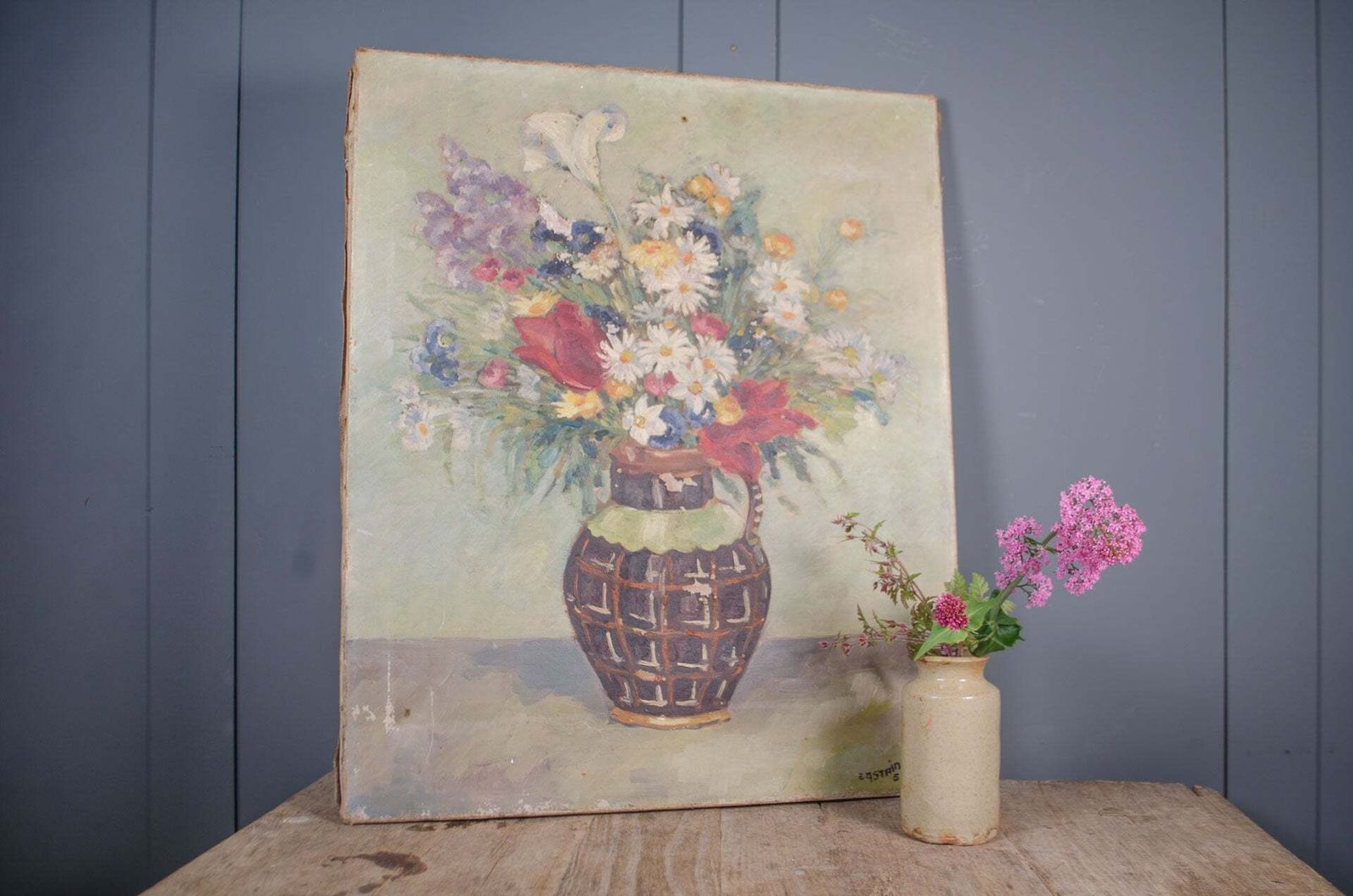 Pretty Antique French Oil On Canvas Of Pastel Flowers On A Vase 1939