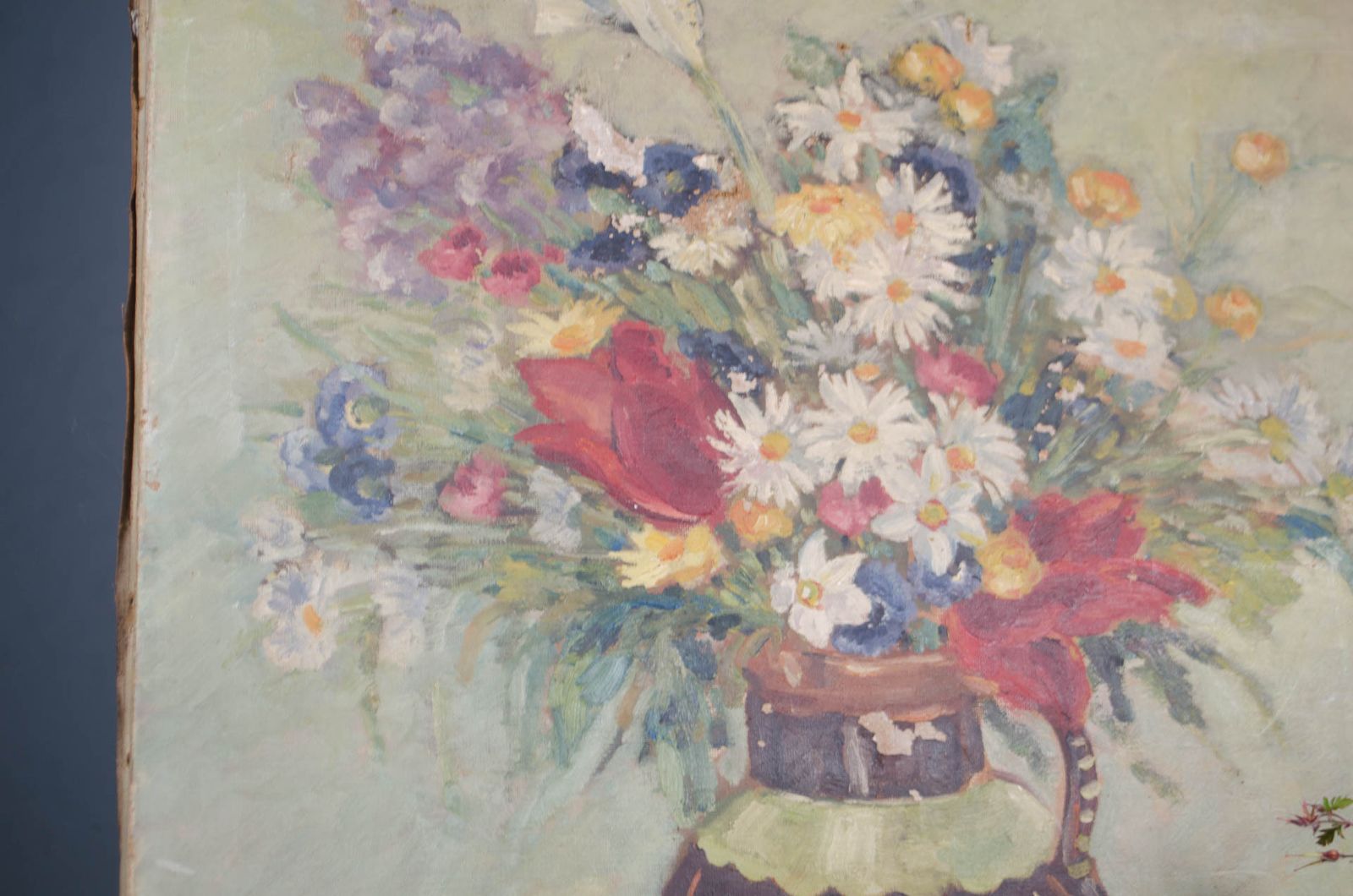 Pretty Antique French Oil On Canvas Of Pastel Flowers On A Vase 1939 photo furniture