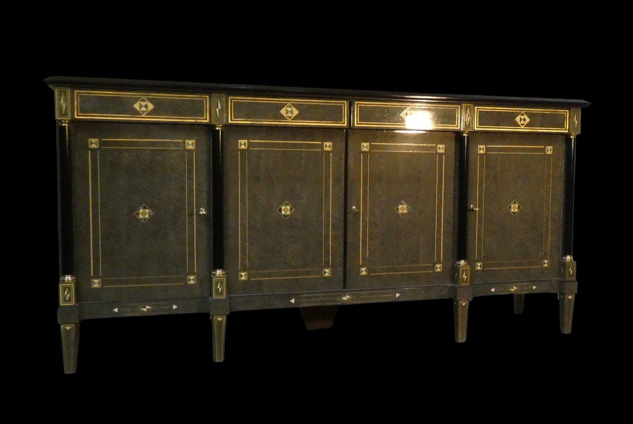 Louis XVI Style Hollywood Regency Sideboard In Burl Wood, Grey Lacquer And Brass, France, 1980s photo for sale