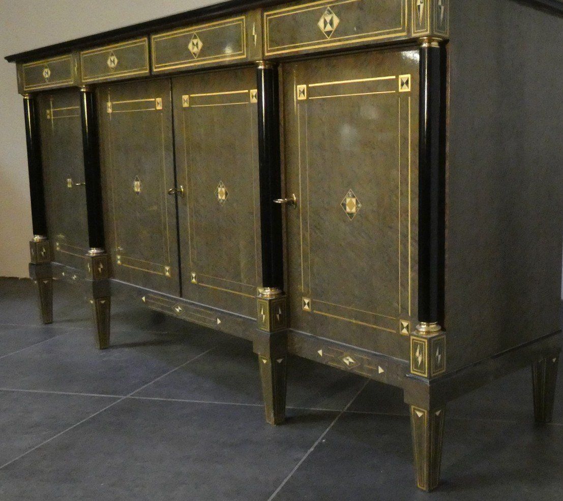 Louis XVI Style Hollywood Regency Sideboard In Burl Wood, Grey Lacquer And Brass, France, 1980s photo 5970.0
