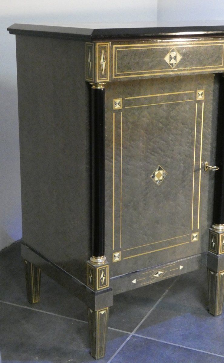 Furniture Louis XVI Style Hollywood Regency Sideboard In Burl Wood, Grey Lacquer And Brass, France, 1980s photo