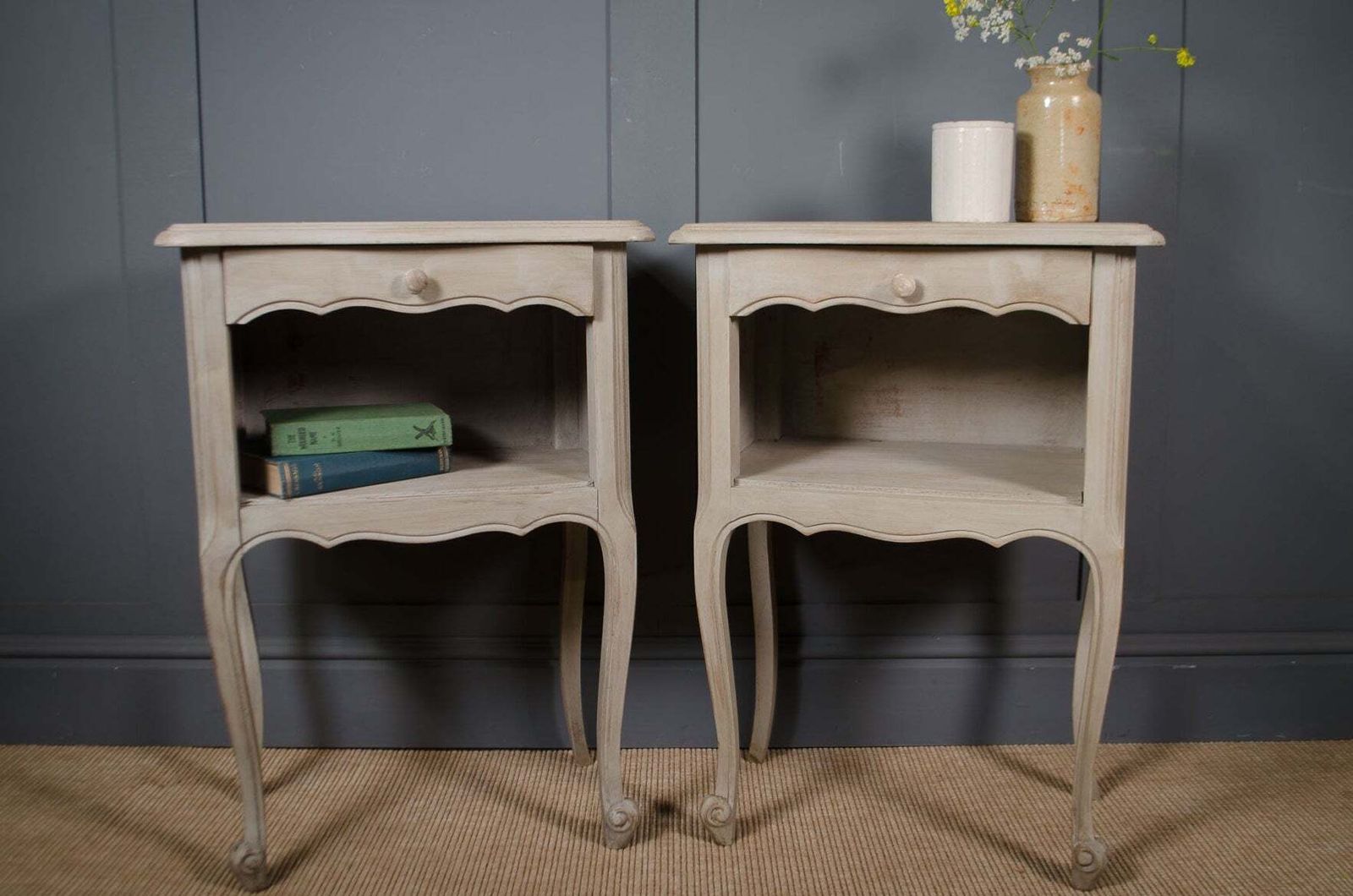 Pair Of Antique French Louis Style Bedside Tables With A Pale Grey Painted Finish photo vinterior
