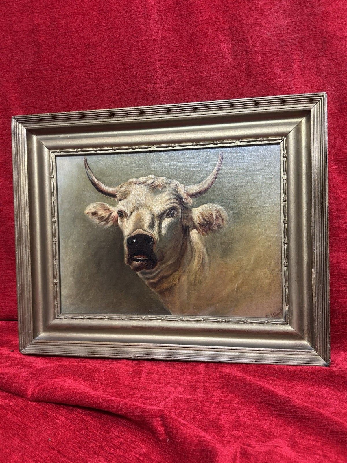 19th Century Prize White Hereford Bull Portrait Oil Painting Signed E Wood photo 350.0