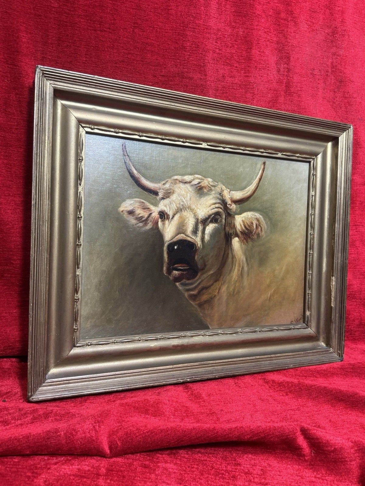 19th Century Prize White Hereford Bull Portrait Oil Painting Signed E Wood photo vinterior
