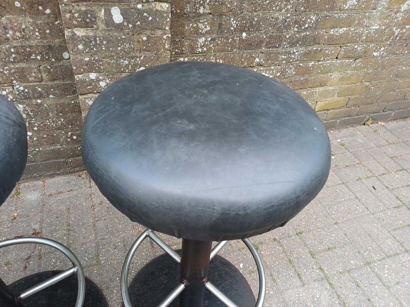 photo furniture Pair Vintage Industrial Bar Stools 1970s 1980s Heavy Iron Swivel Seats Chrome Footrest Exceptional Quality 32 Kg Each Free Hand Delivery