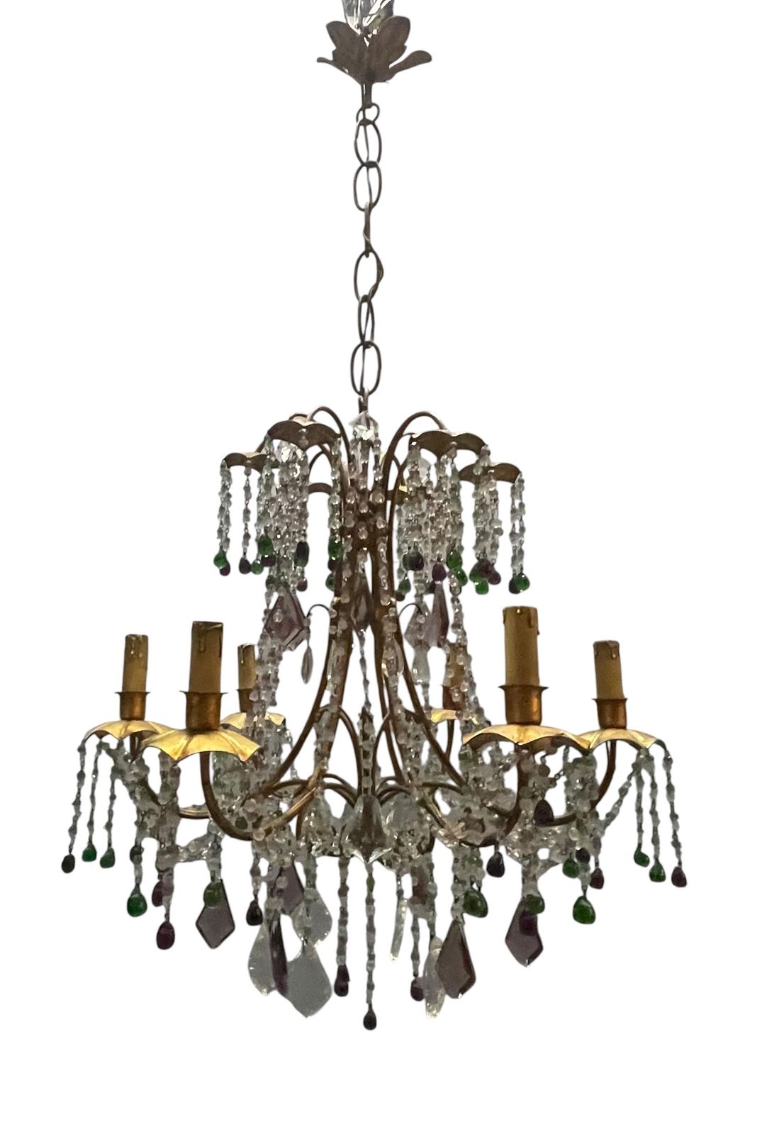 1950s Italian Florentine Tole Gilt Murano Glass Beaded 6 Light Chandelier photo furniture