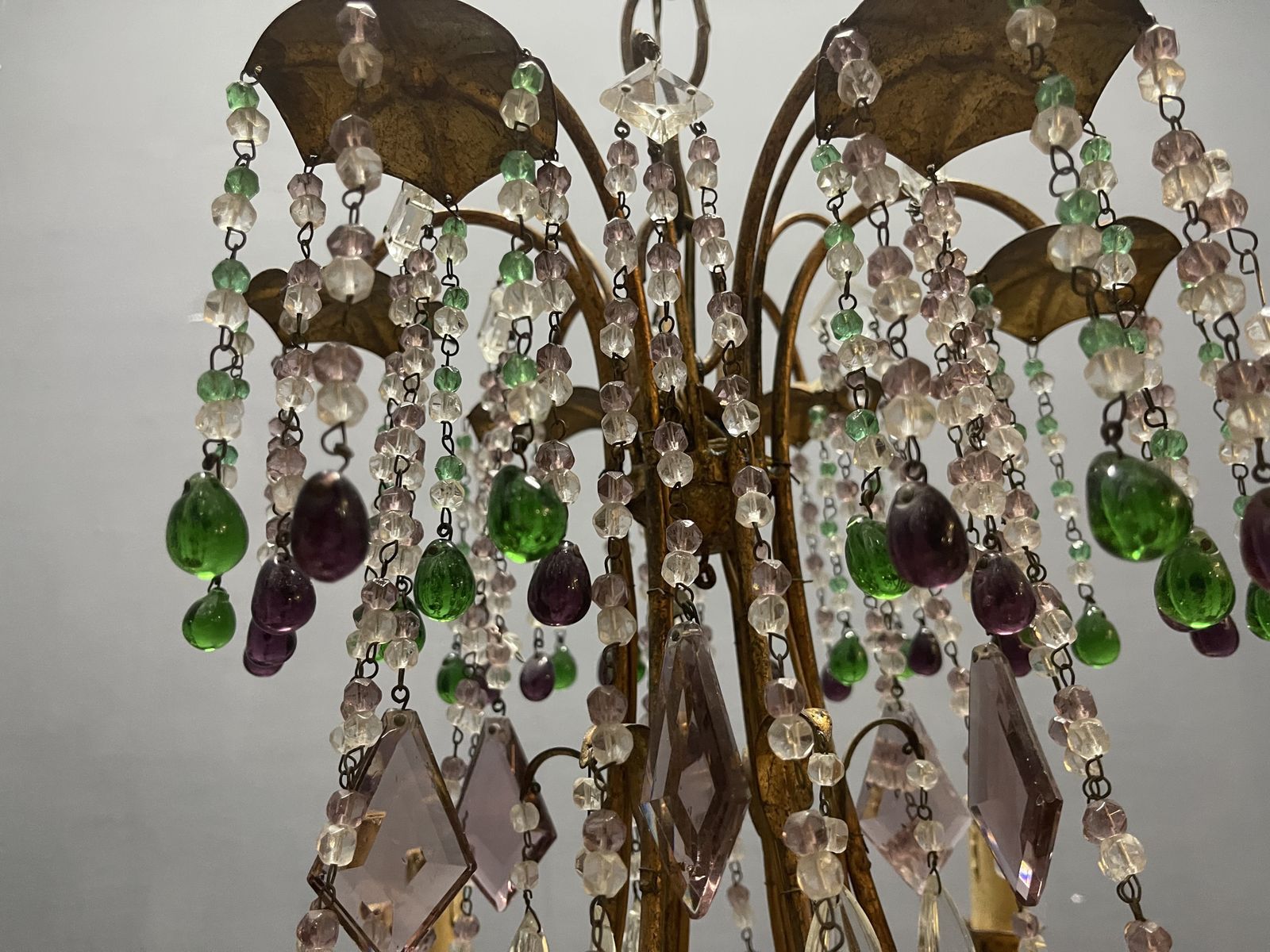 1950s Italian Florentine Tole Gilt Murano Glass Beaded 6 Light Chandelier photo 1200.0