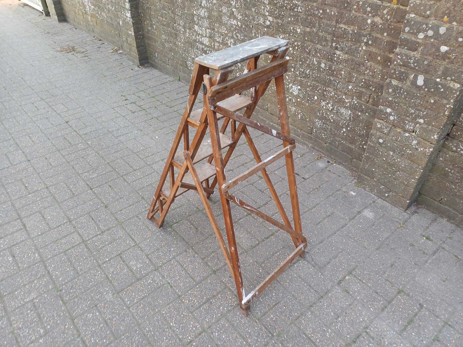 photo for sale Antique Wooden Step Ladder Early 20th Century Pine Stand Rustic Shelving Display Clothes Rack Shabby Chic Folding Decor