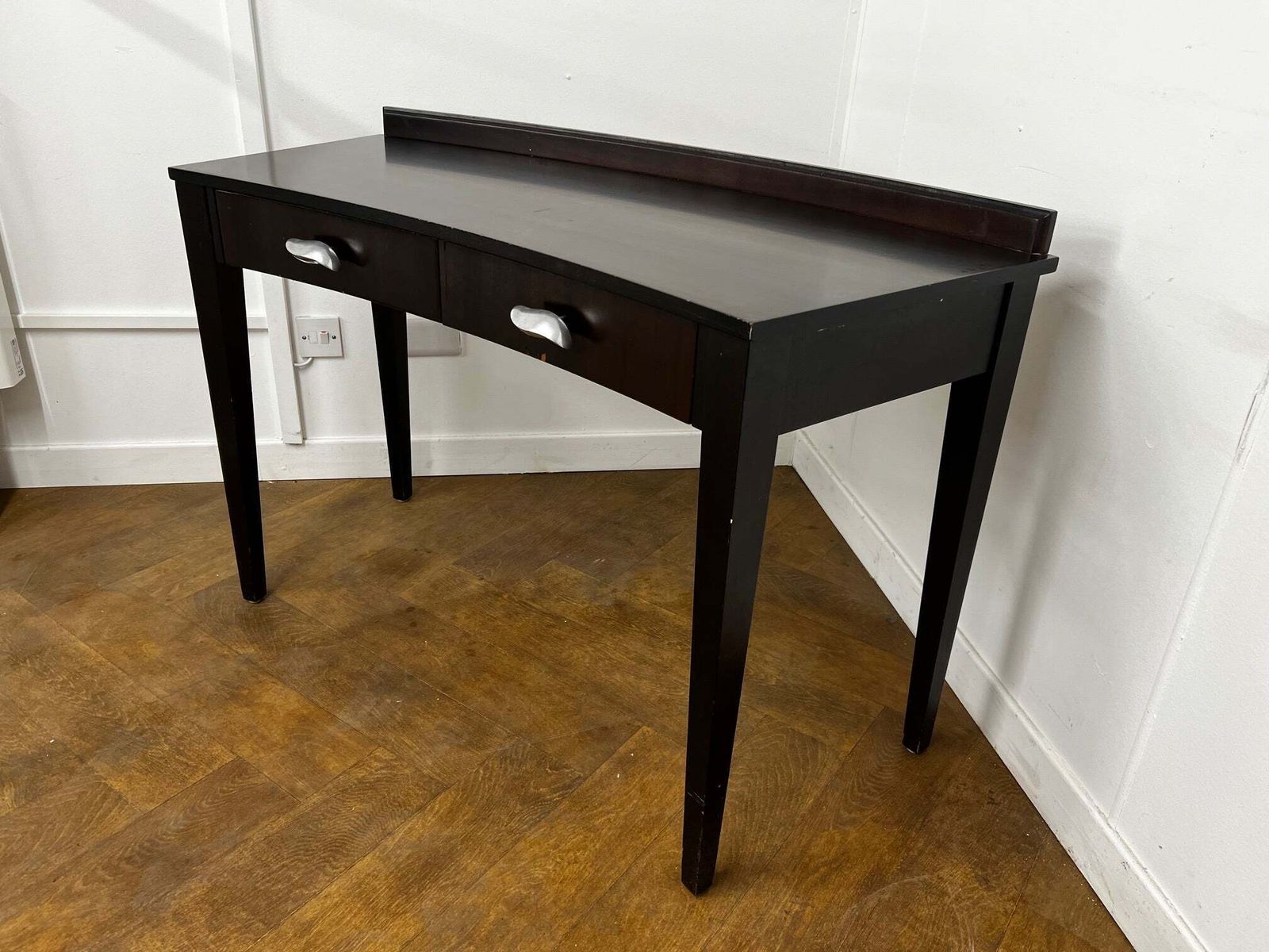 A Italian Curved 2 Drawer Dressing/Side Console Table Stained Dark Mahogany With Glass Top