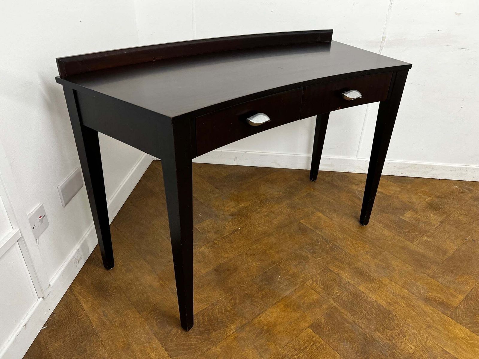 A Italian Curved 2 Drawer Dressing/Side Console Table Stained Dark Mahogany With Glass Top photo furniture
