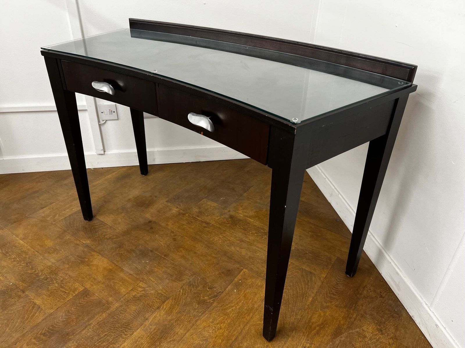 A Italian Curved 2 Drawer Dressing/Side Console Table Stained Dark Mahogany With Glass Top photo 450.0