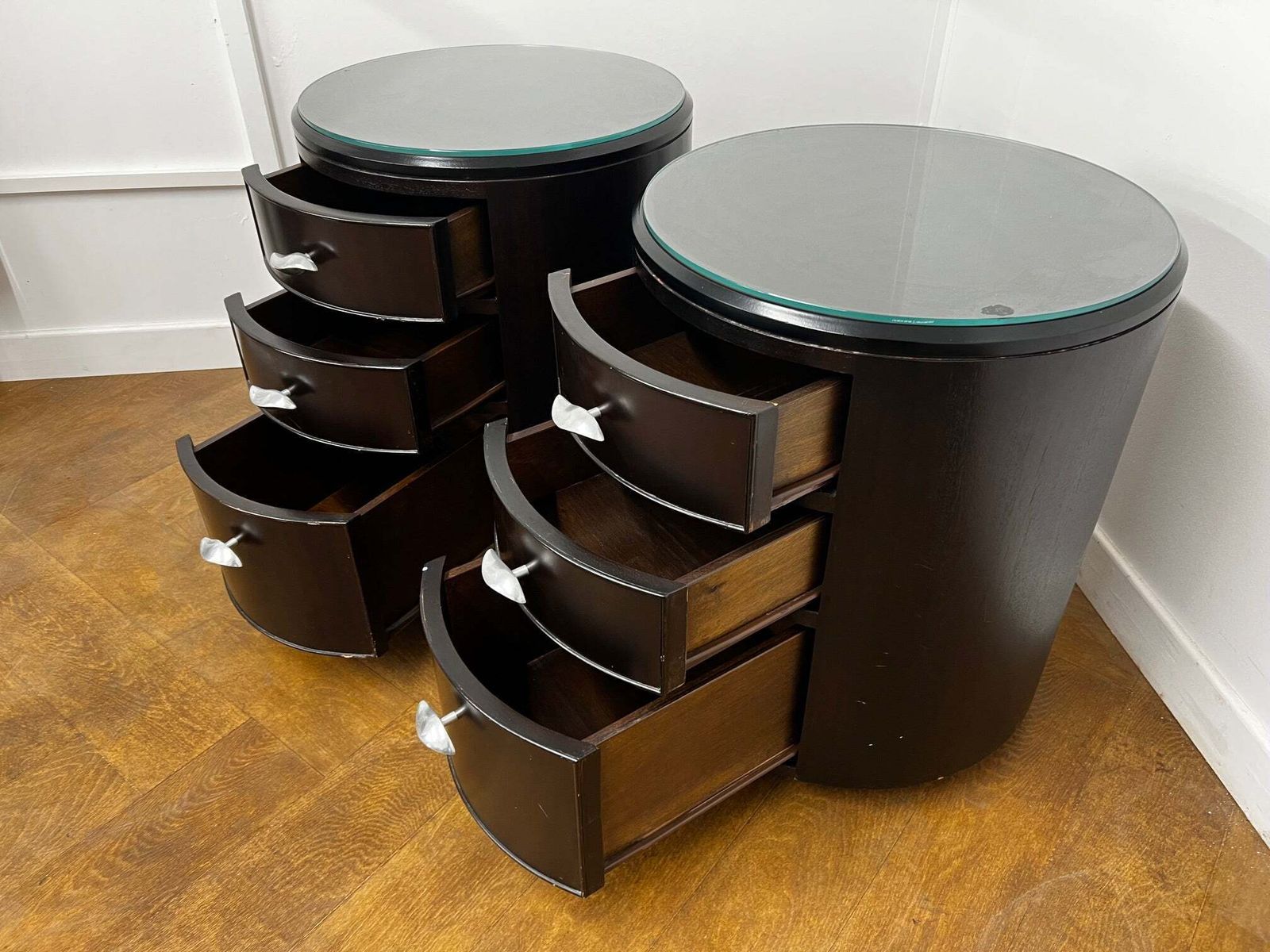 A Pair Of Italian Cylindrical 3 Drawer Beside Drawers In Stained Dark Mahogany With Glass Top photo Furniture