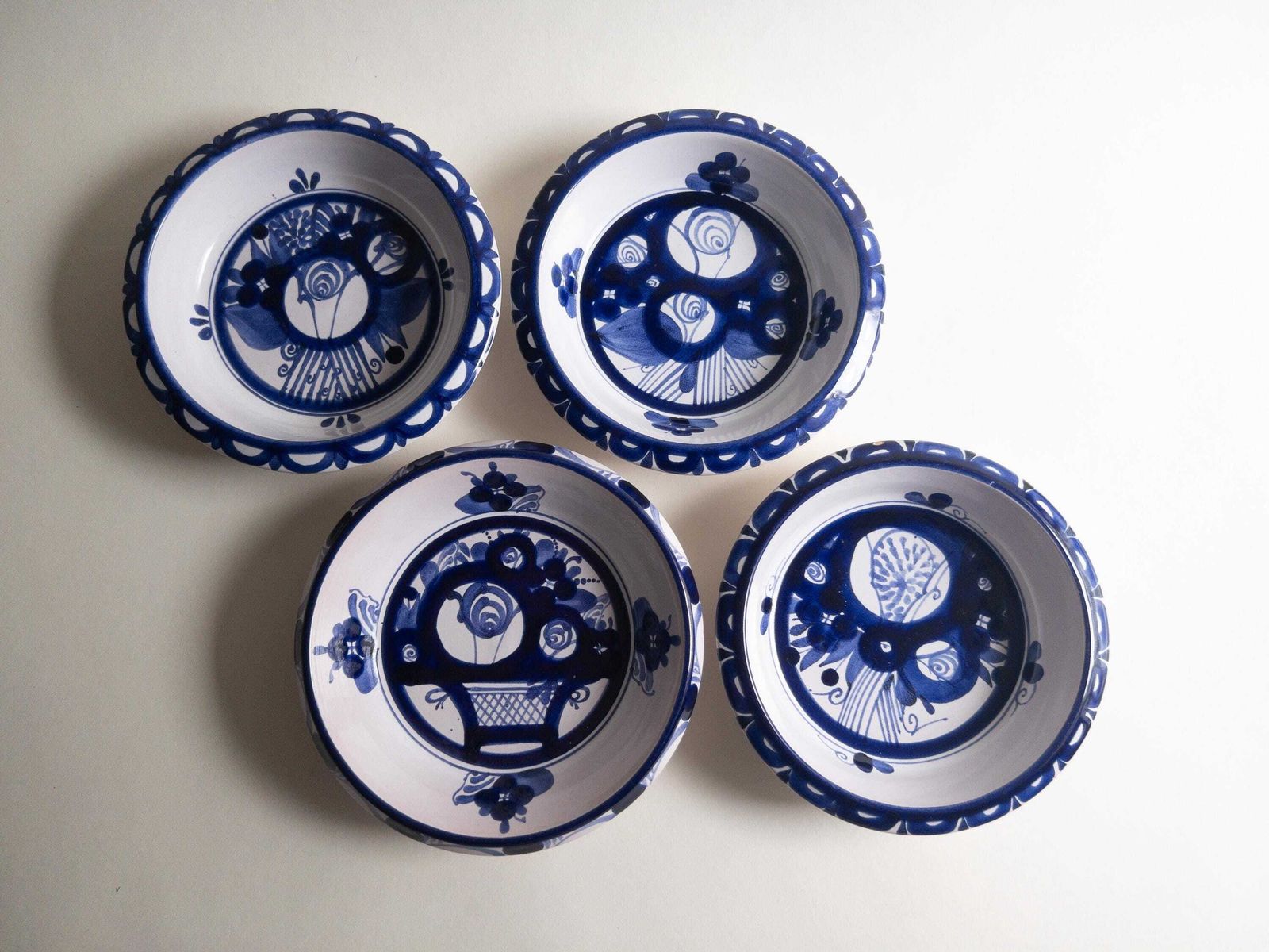 Swiss Pottery By Luzerner Keramik   Blue And White Bowls   Floral Decor   Set Of 4 photo for sale