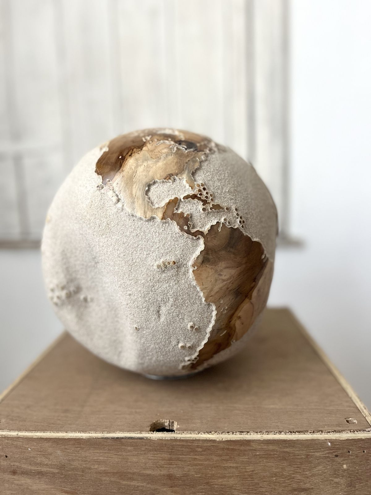 White Teak Wood & Volcanic Sand Globe 25 Cm By Bruno Helgen I D 091 Contemporary Wood Globe Sculpture photo 1940.0