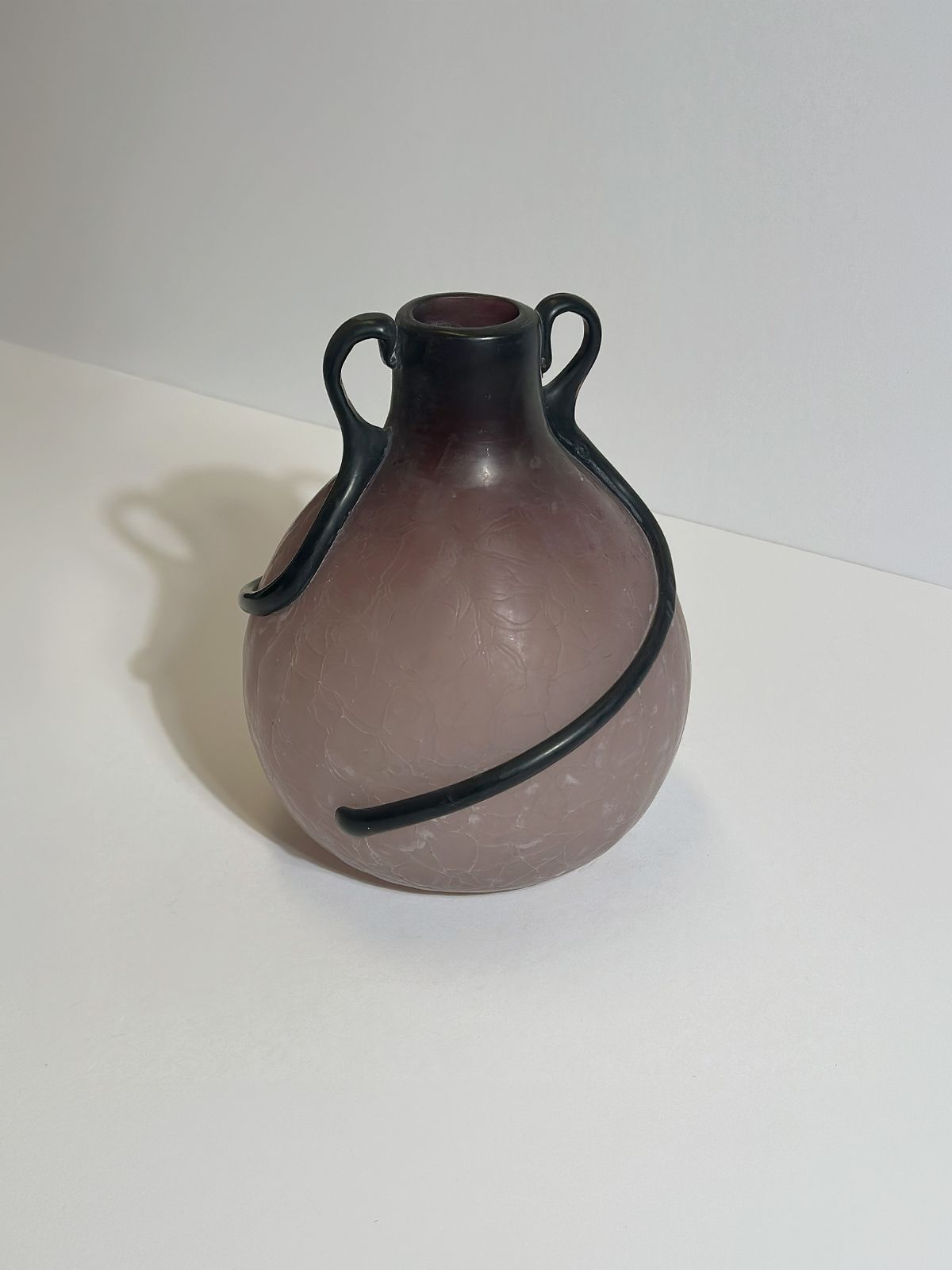 Art Nouveau Style Vase, Pink Satin Glass With Black Applied Trails, Italy 1980s photo Home Decor