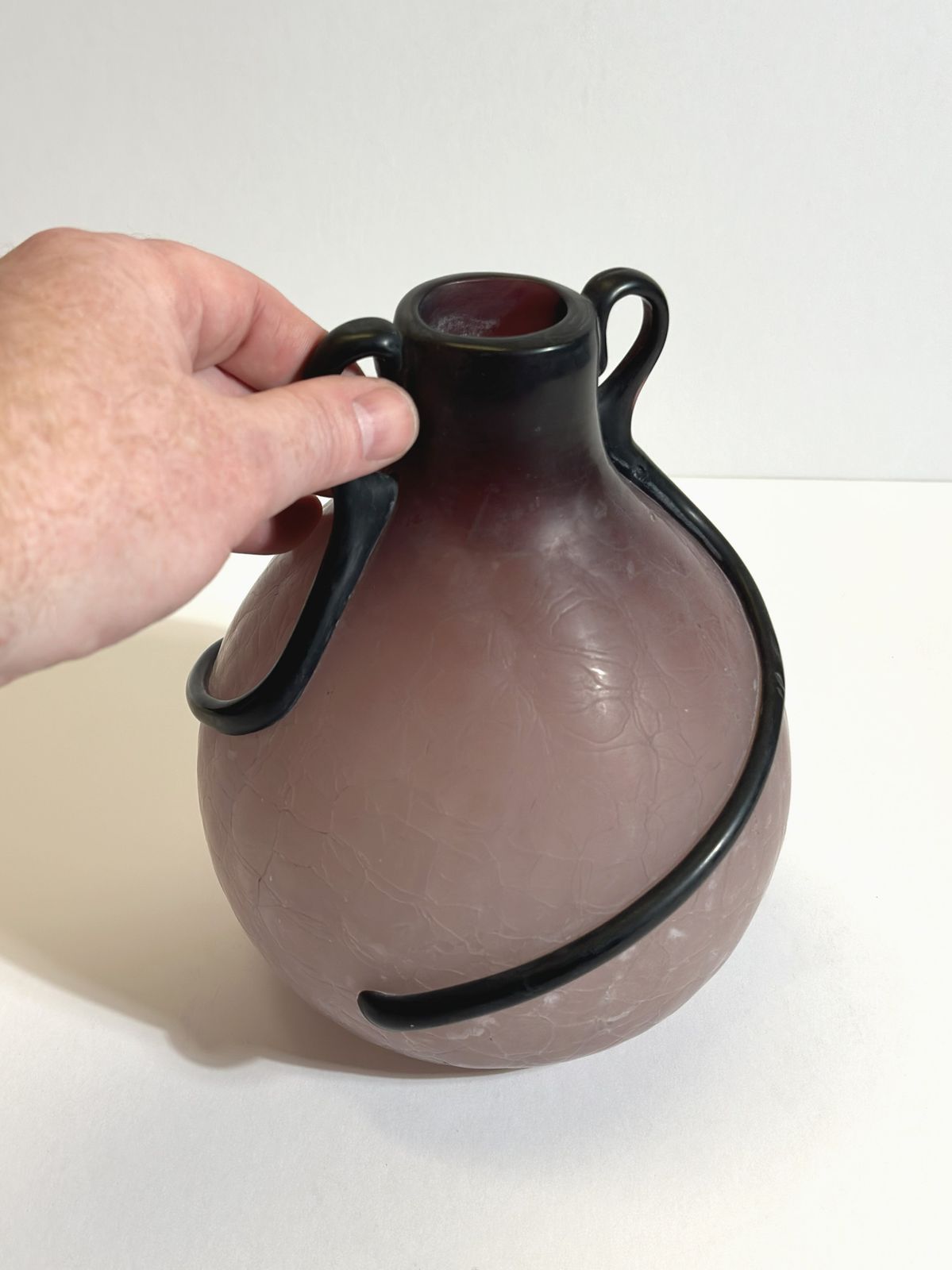 Art Nouveau Style Vase, Pink Satin Glass With Black Applied Trails, Italy 1980s photo buy
