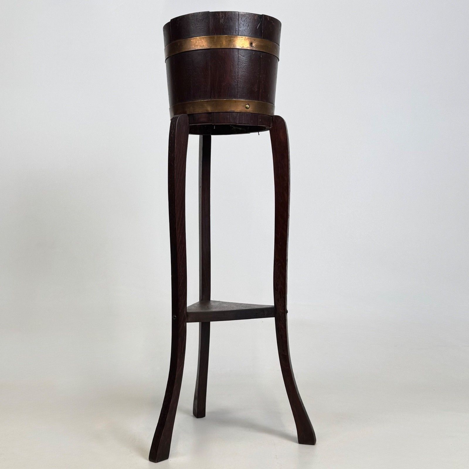 Antique 20th Century Brass Bound Barrel Plant Stand In Oak ( Af 5633 ) photo Home Decor