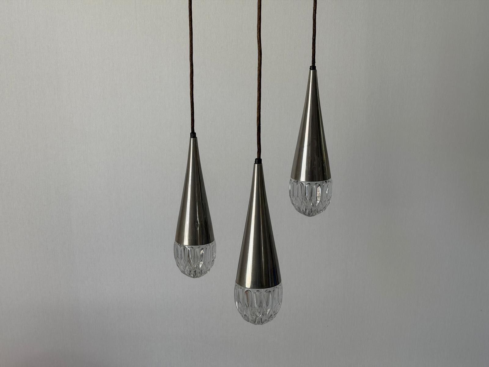 Crystal Glass And Chrome 3 Shade Cascade Pendant Lamp, 1960s, Germany photo for sale