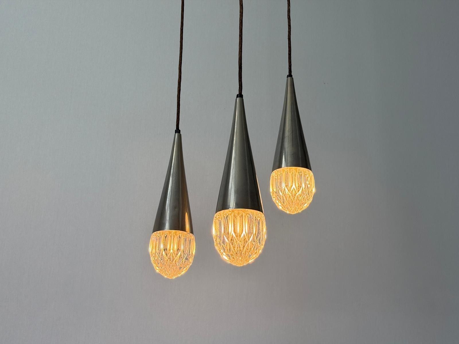 Crystal Glass And Chrome 3 Shade Cascade Pendant Lamp, 1960s, Germany photo vinterior