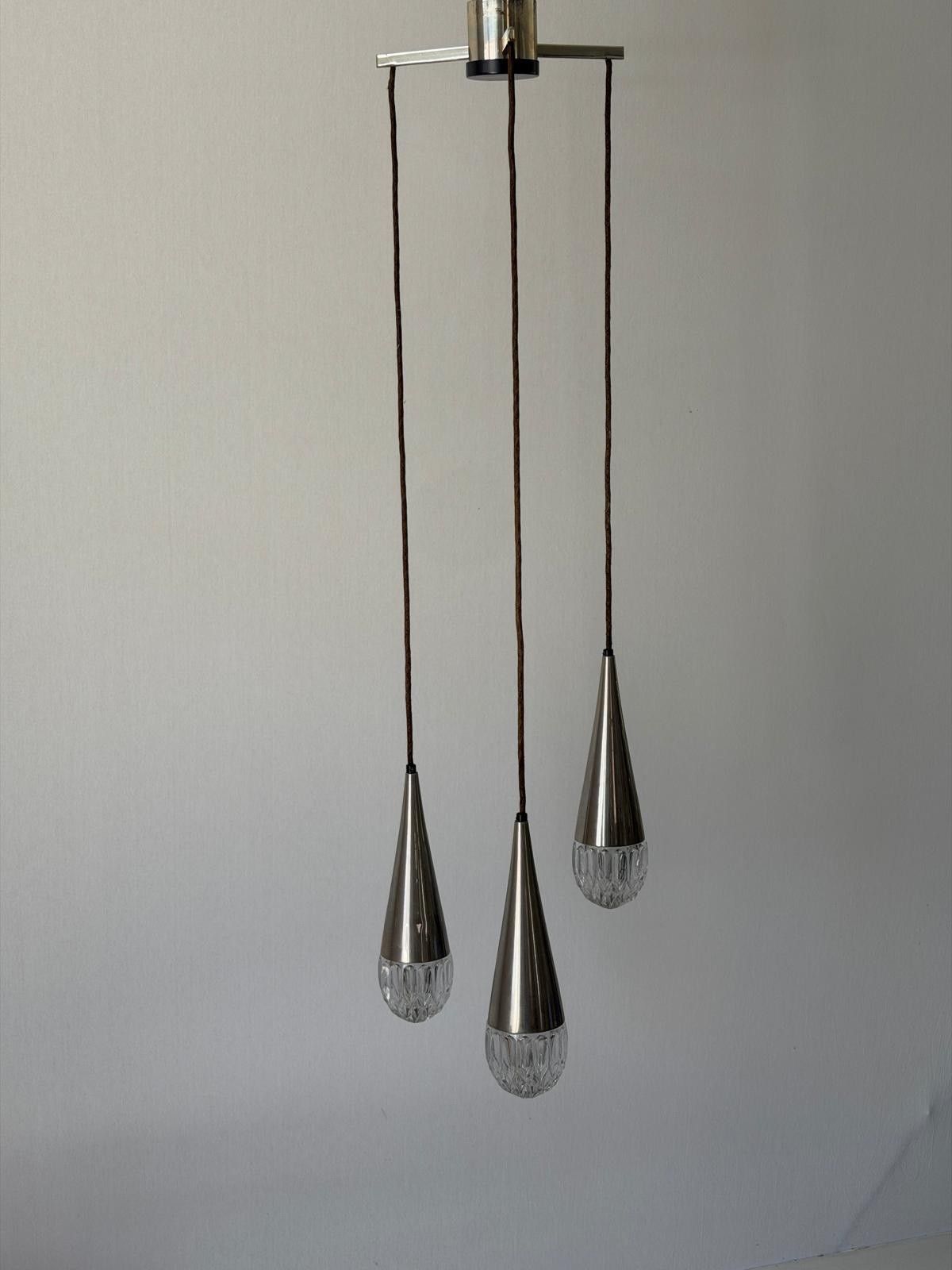 820.0 Crystal Glass And Chrome 3 Shade Cascade Pendant Lamp, 1960s, Germany photo