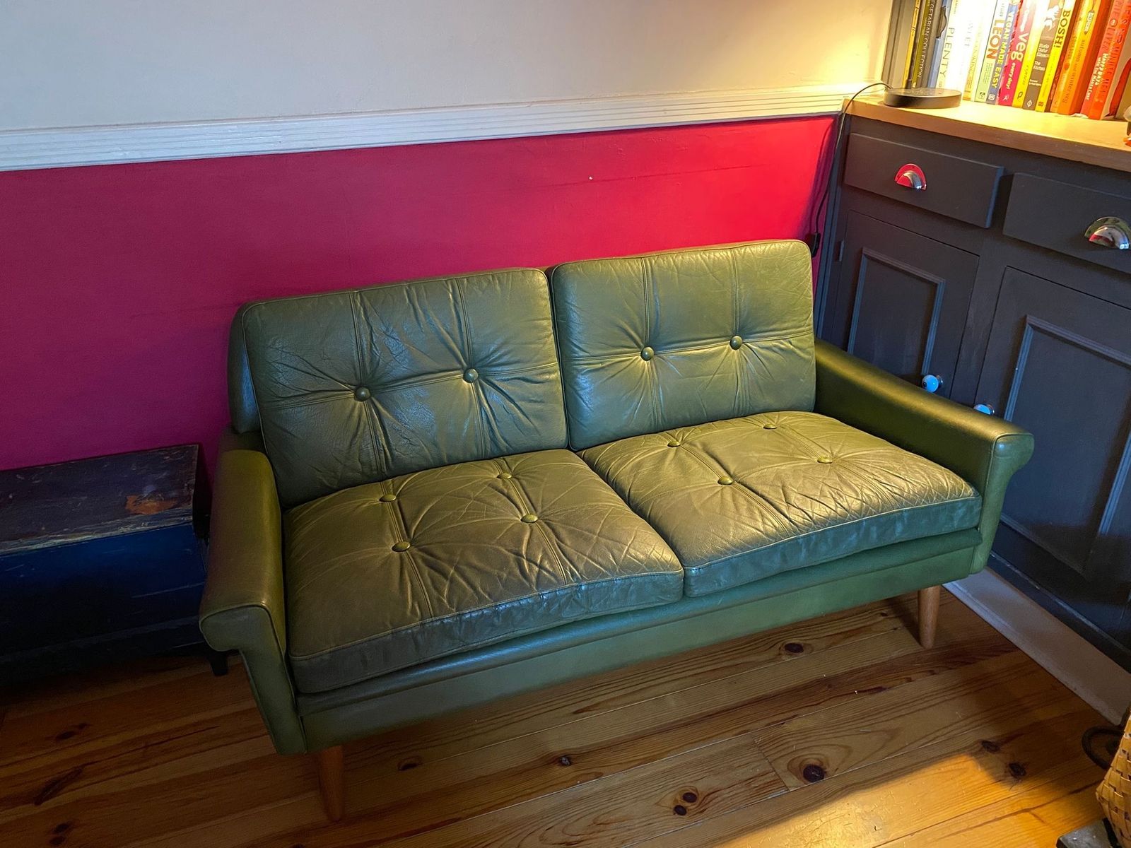 Vintage 1960s Svend Skipper Olive Green Leather Two Seater Sofa photo 1660.0