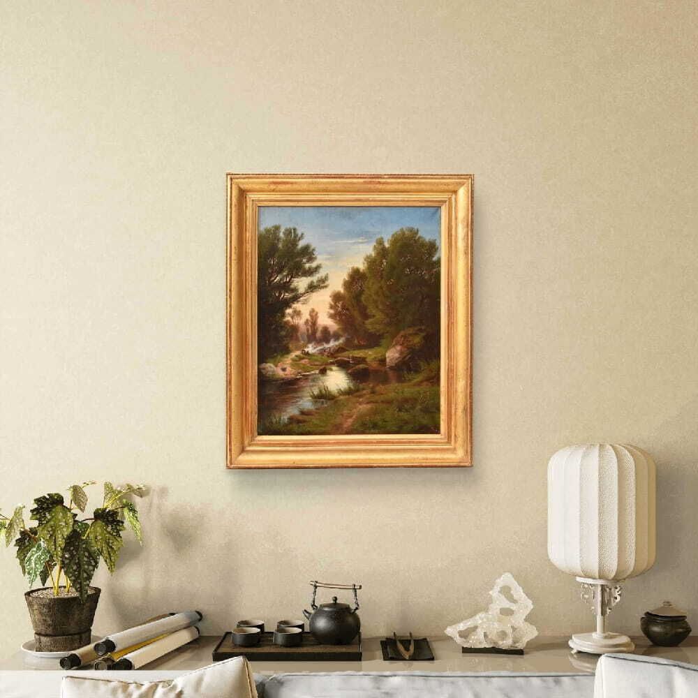 Mountain Landscape Painting, Antique Oil, Washerwomen And River, XIX. (Qp739) photo furniture