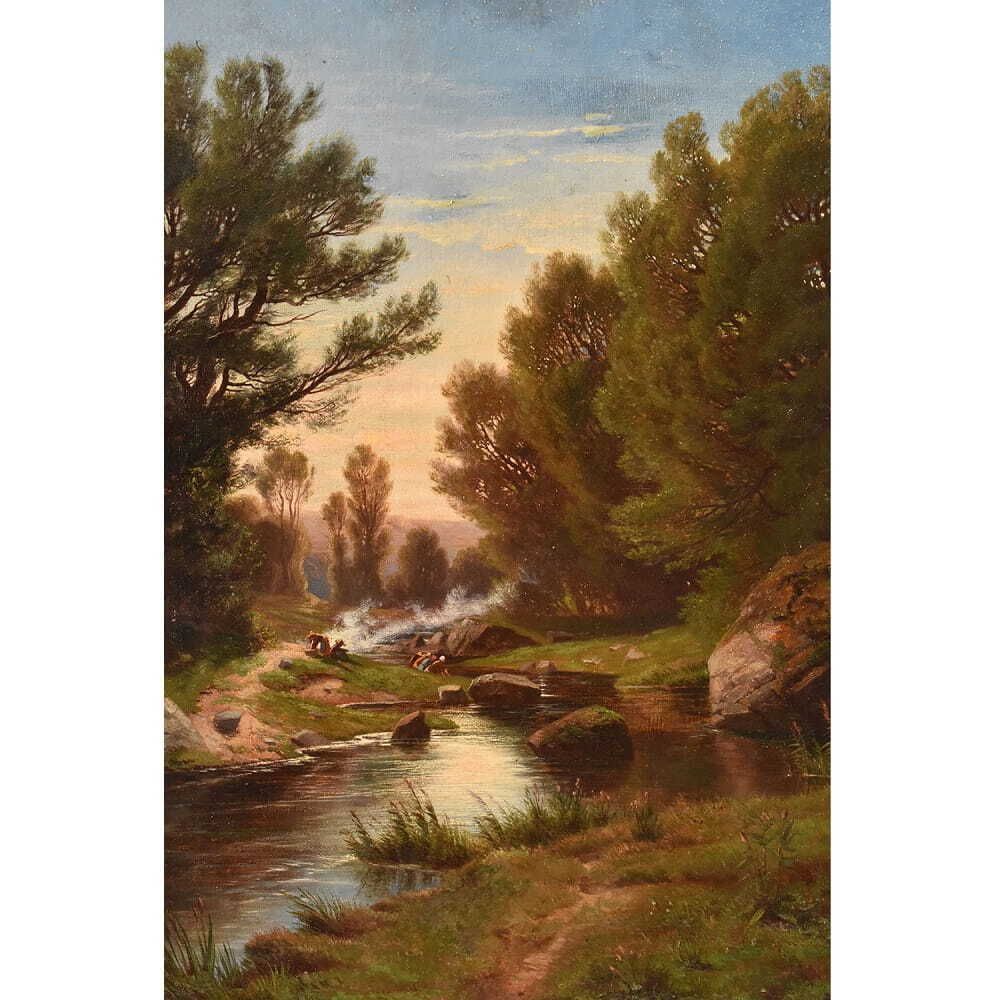 Mountain Landscape Painting, Antique Oil, Washerwomen And River, XIX. (Qp739) photo for sale