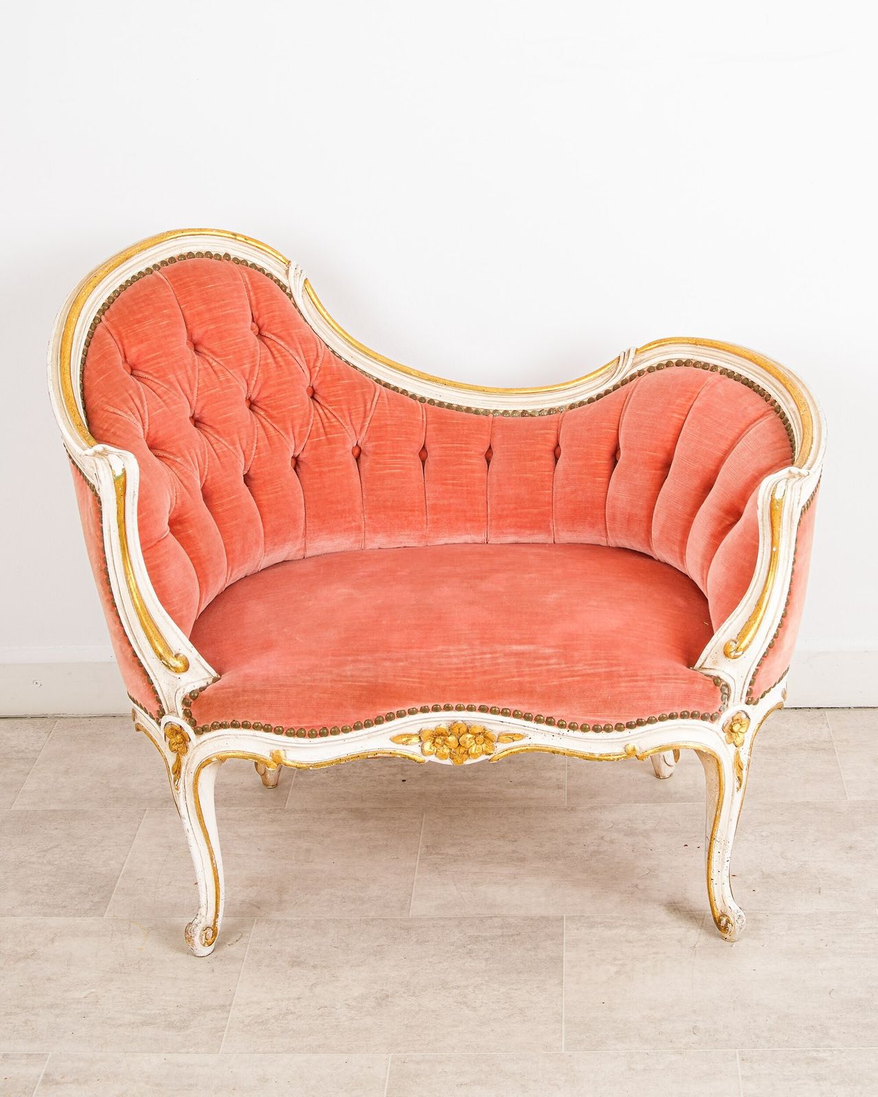 Antique French Painted Giltwood Boudoir Chair Sofa, Circa 1910