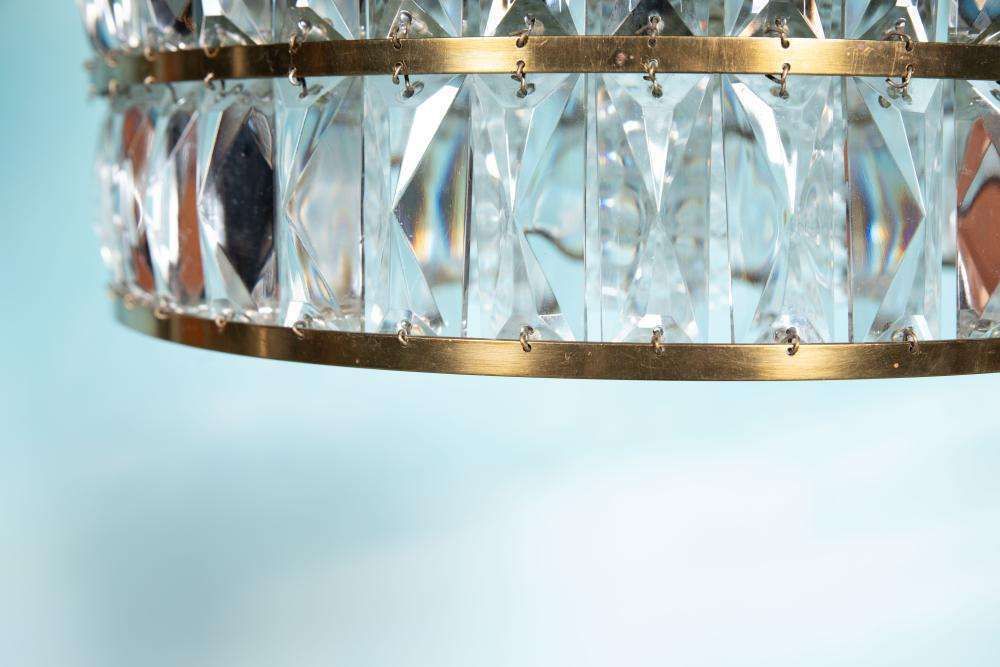 Verlichting Vintage Glazen Hanglamp, Kristal, Messing, Mid Century Jaren 1960 photo
