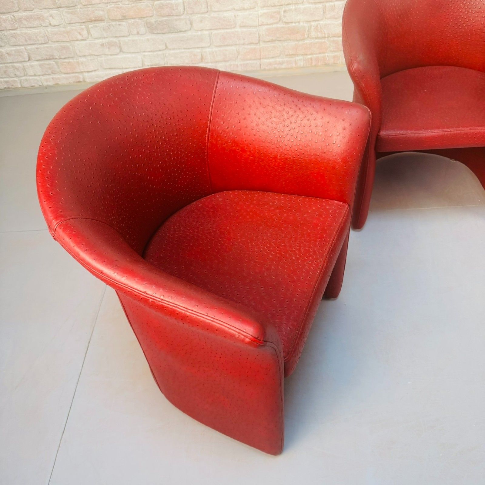 photo buy Set Of Vintage Italian Red Faux Ostrich Leather Tub Chairs