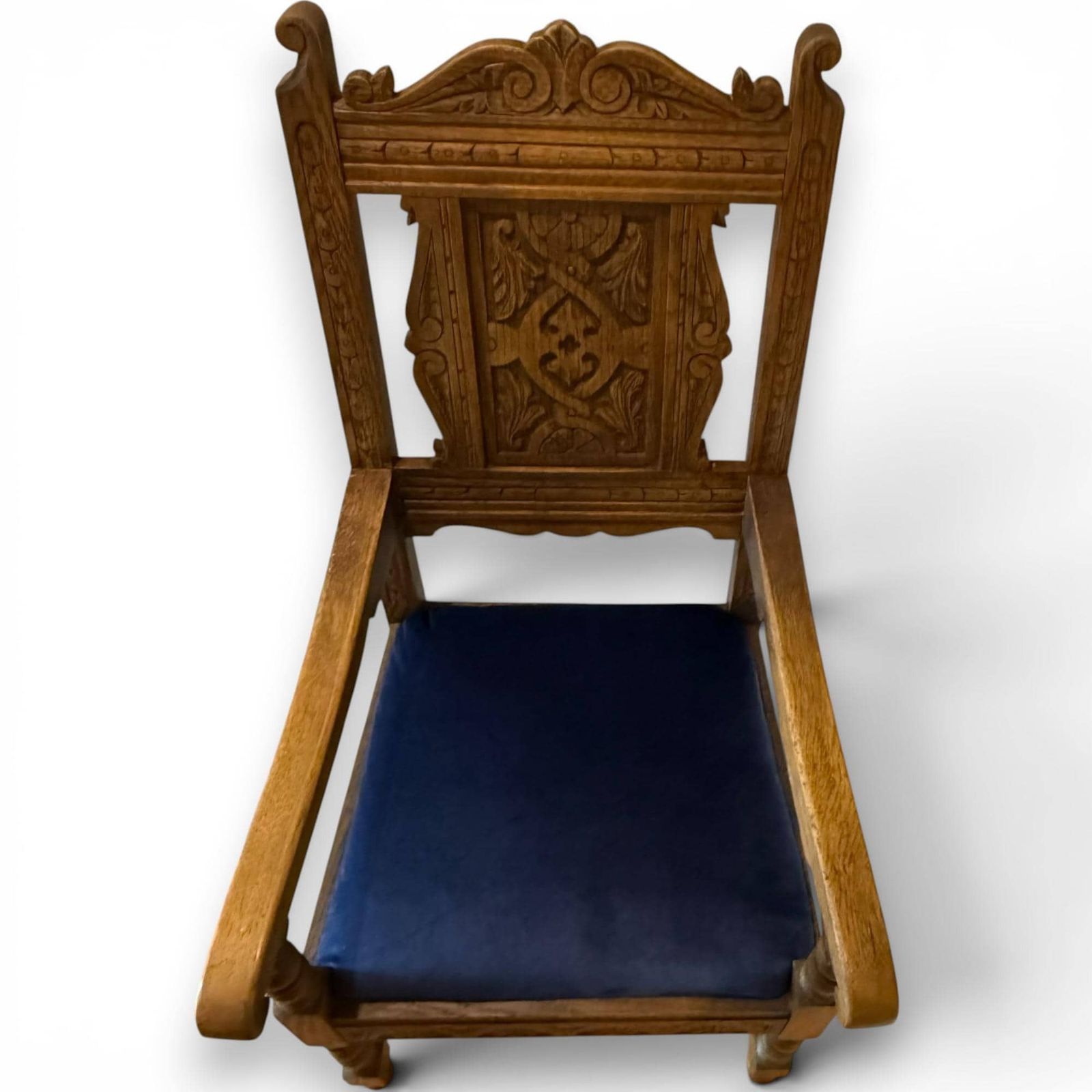 Vintage Carved Oak Gothic Revival Armchair With Blue Velvet Seat. photo vinterior