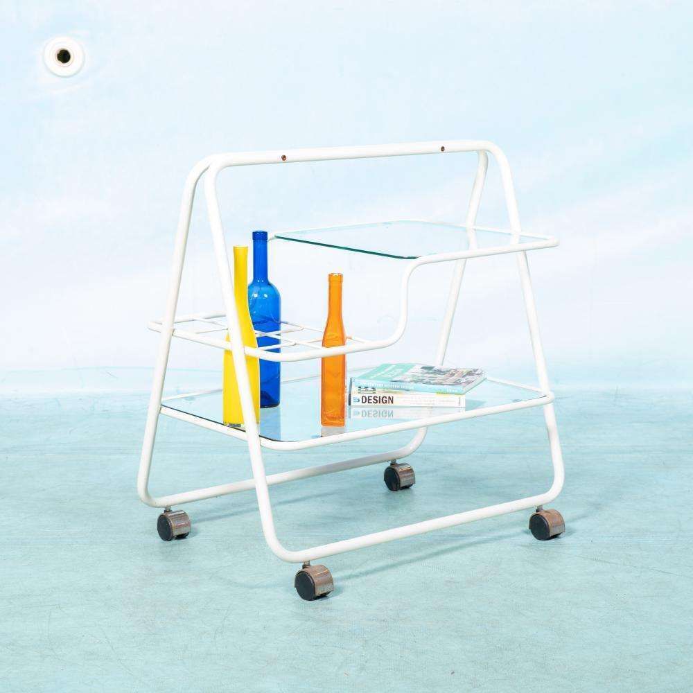Space Age Bar Cart 1970s, Tubular Frame Serving Trolley, Glass