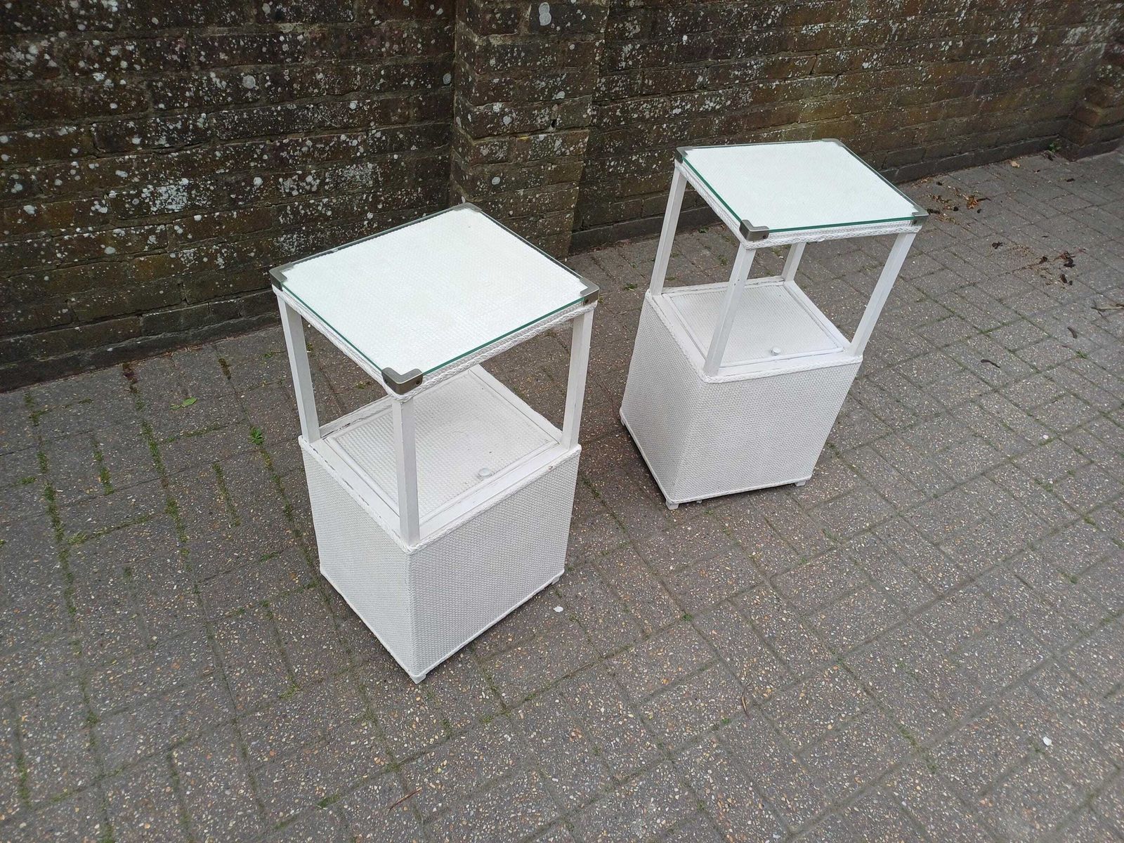 photo for sale Pair Of Vintage White Bedside Cabinets Pair Glass Top Side Tables Wicker Storage Cupboards Unusual Lift Top Nightstands