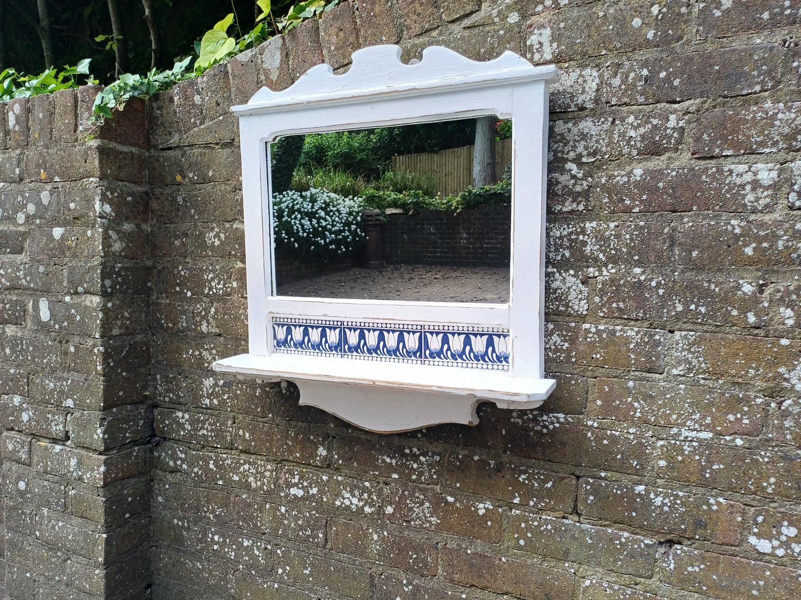 Vintage White Pine Wall Mirror Blue Tulip Tile Shelf Bathroom Hallway Kitchen Shabby Chic Rustic Farmhouse Decor photo 185.0